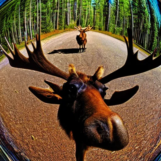 Prompt: close - up photo of a moose, fisheye