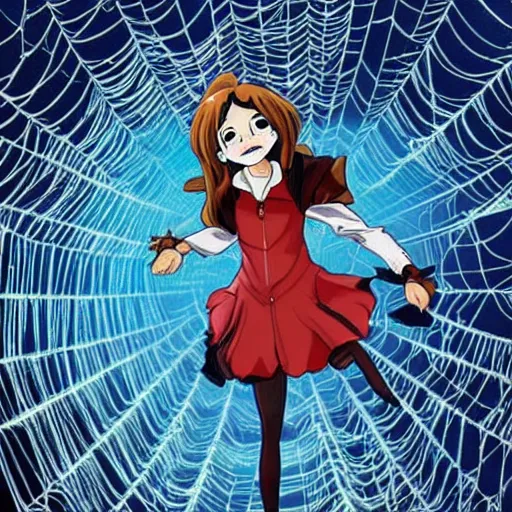 Image similar to anime emma watson hanging from and trapped in a giant spider web