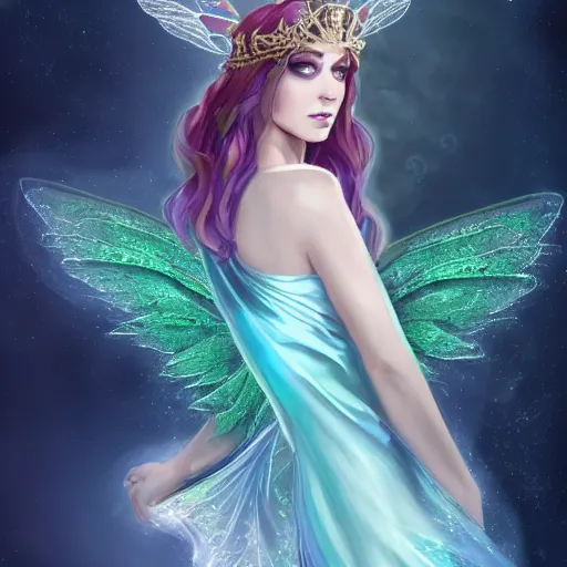 Image similar to a fairy queen with wings wearing a magic silk and lace robe with a hood, crown, pixie, realism, emerald, galaxy, sapphire,blonde hair going down to the floor, moonlit, dark fantasy, ice, icy, pale blue, dramatic lighting, cgsociety, artstation