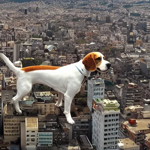 Prompt: gigantic 1 0 0 metres beagle walking over a city, epic cinematic, 4 k, very high detail, epic scale