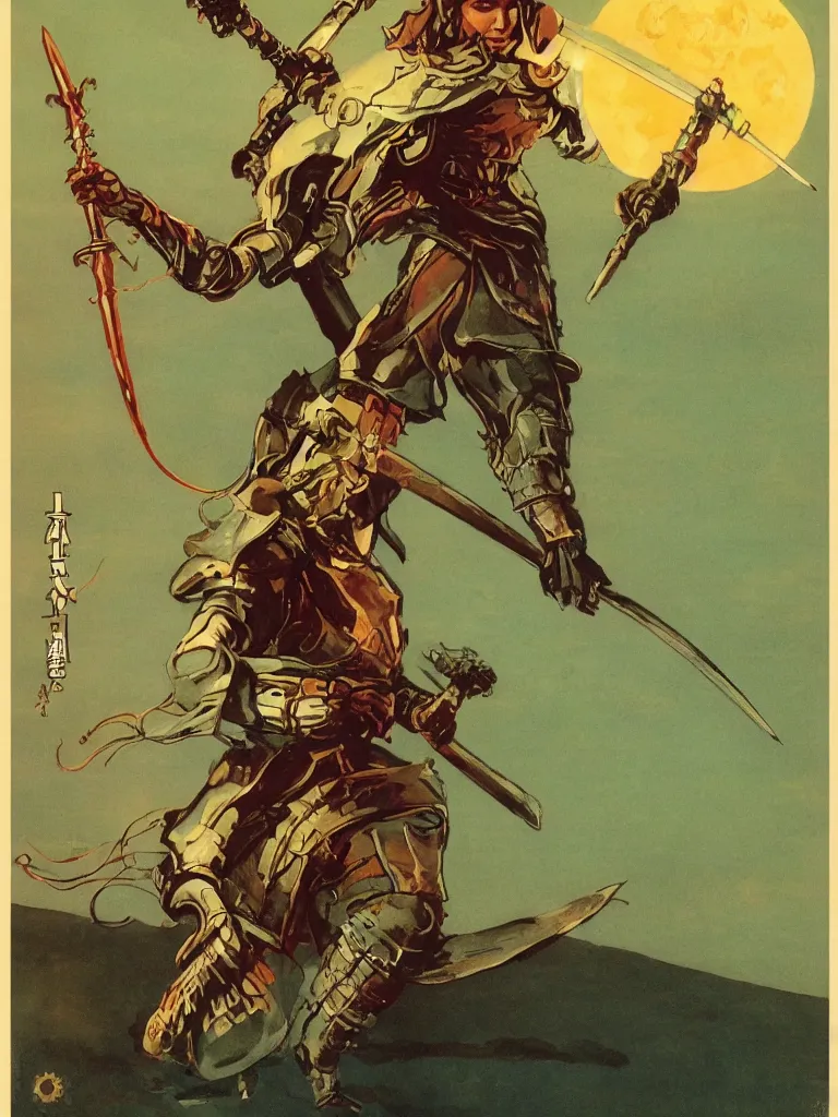 Image similar to on a strange vintage scifi planet, a samurai wizard warrior goddess with sword, vintage scifi poster, winslow homer, moebius, roger dean, artstation