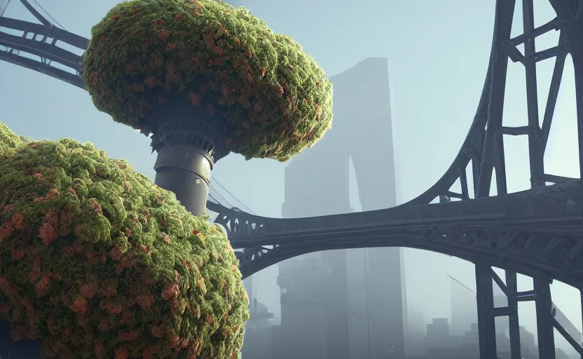 Prompt: explosions in the form of realistic cotton plants hit big harbour bridge, smooth, sharp focus, highly detailed, 3 d octane render, epic lighting, dark atmosphere, 8 k, by goro fujita