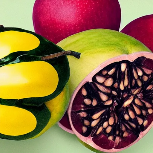 Prompt: mc escher fruit cut in half resting on table