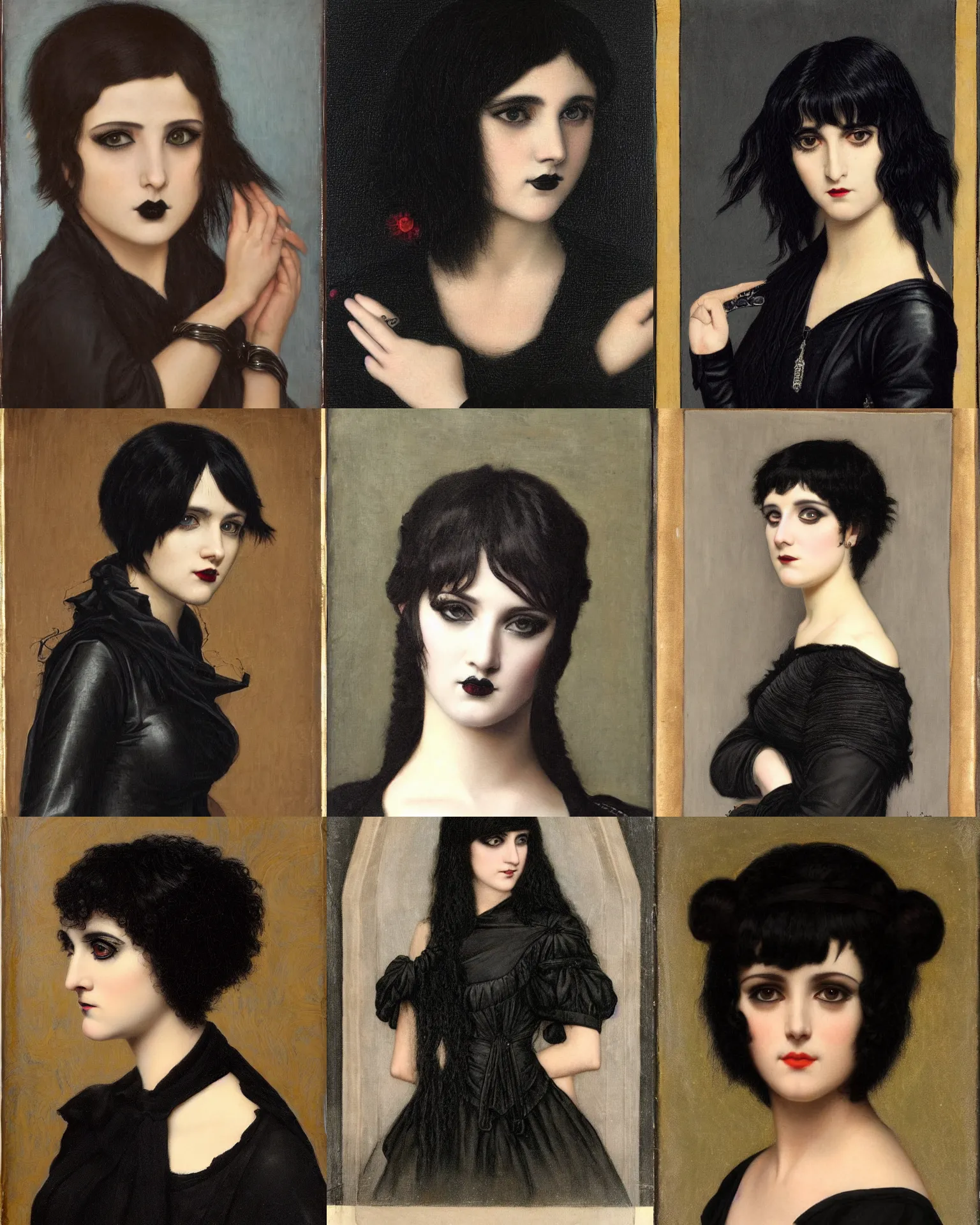 Prompt: A goth portrait by John William Godward. She has large evil eyes with entirely-black sclerae!!!!!! Her hair is dark brown and cut into a short, messy pixie cut. She has a slightly rounded face, with a pointed chin, and a small nose. She is wearing a black leather jacket, a black knee-length skirt, a black choker, and black leather boots.