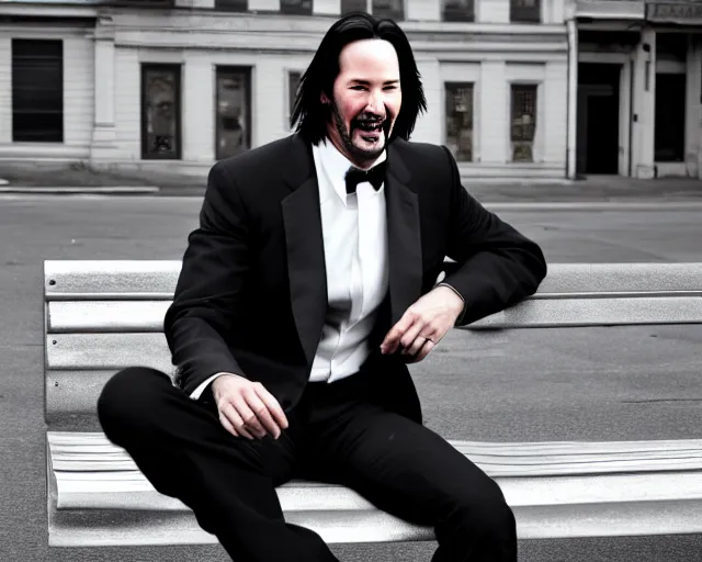 Image similar to photo of happy keanu reeves in jeans and black tux jacket sitting on a bench in the street. dof. lifelike. ultra detailed. intricate. soft light. nikon d 8 5 0.