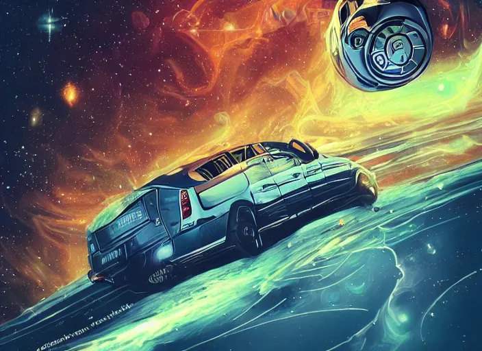 Prompt: volvo time machine flying through space and time, digital art, illustration, 3 d, colourful, amazing, cinema, michael bay style