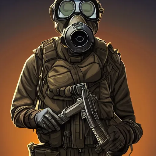 Prompt: portrait artwork of soldier wearing a gas mask holding ak-47. Artwork by Dan Mumford, realistic cinematic lighting, ultra detailed, hyper realism
