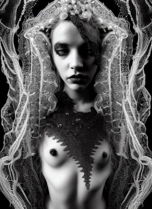 Image similar to surreal mythical dreamy dark artistic black and white fine art photo of a beautiful young female medusa - mermaid - cyborg covered with translucent algae, highly detailed, intricate crystal ivy jelly fish scales ornate, lace web, poetic, octane render, 8 k, photo - realistic, by man ray