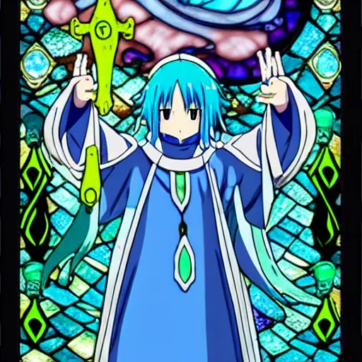 Prompt: rimuru tempest from that time i got reincarnated as a slime melting into a slime, stained glass, baroque, holy, sacred