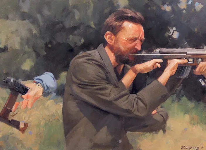 Prompt: a highly detailed beautiful portrait of tomm yorke shooting a ak 4 7, by gregory manchess, james gurney, james jean