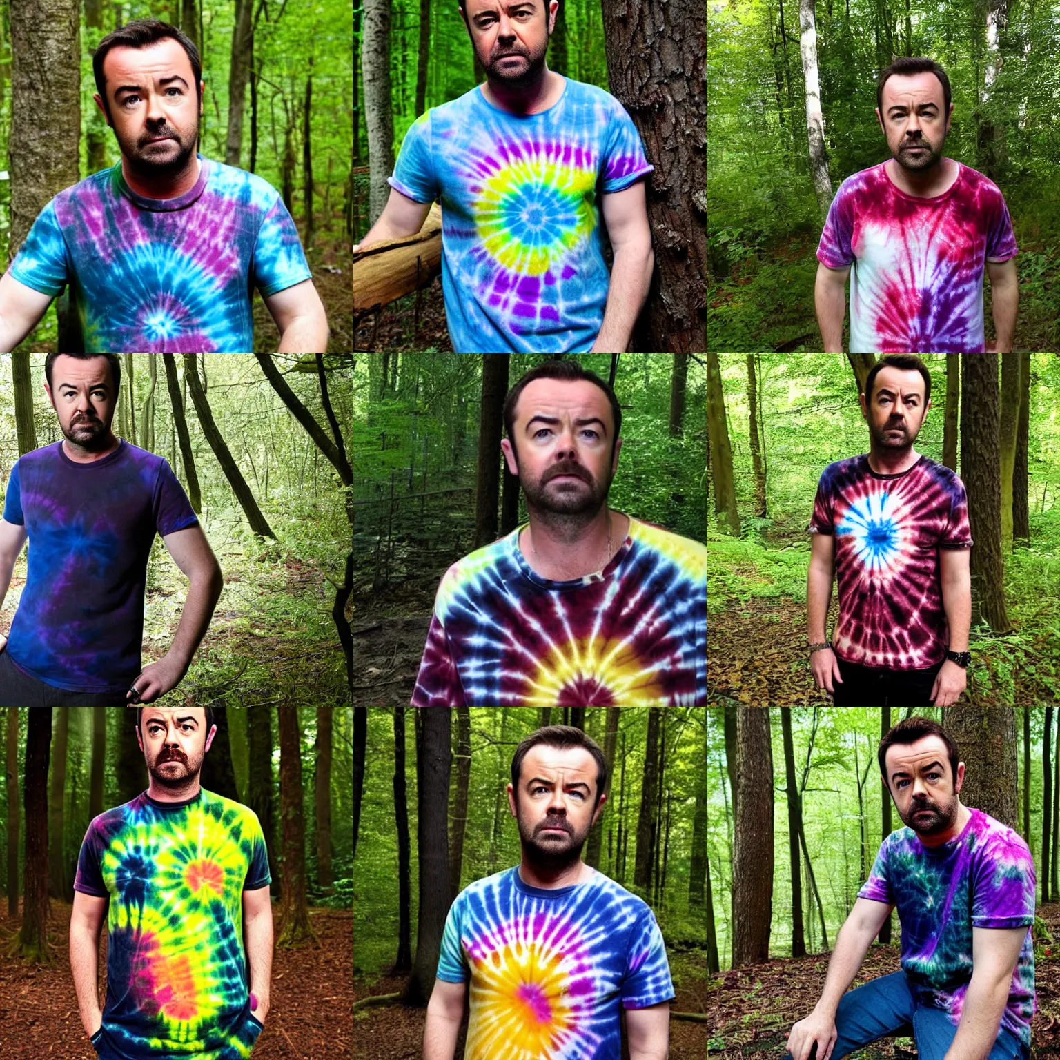 Prompt: Danny Dyer in a tie dye tshirt in the woods