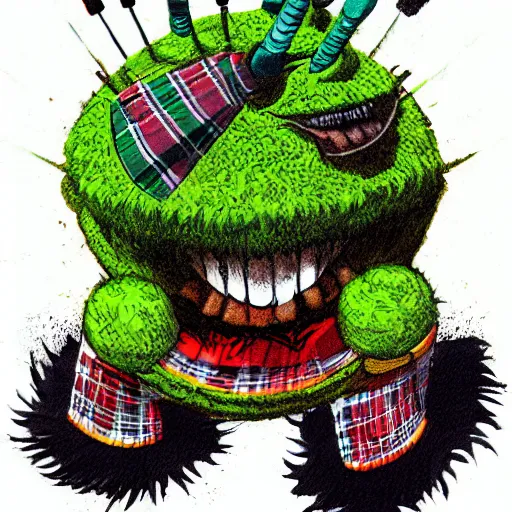 Image similar to a tennis ball monster wearing a scottish kilt, big mustache, scotland, bagpipes, digital art, fantasy, magic, chalk, trending on artstation, ultra detailed, professional illustration by basil gogos