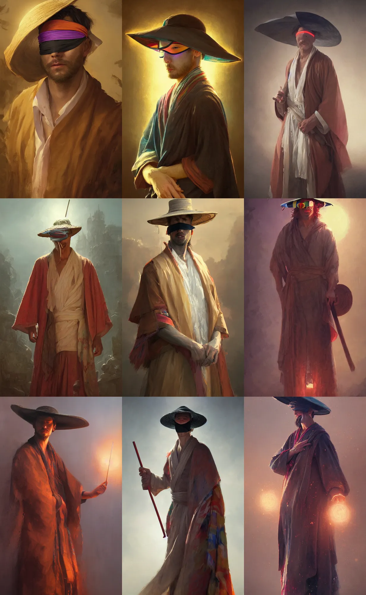 Prompt: portrait of a man wearing a blindfold, multicolored robes, large straw hat, fantasy, highly detailed, cinematic lighting, digital art painting by greg rutkowski