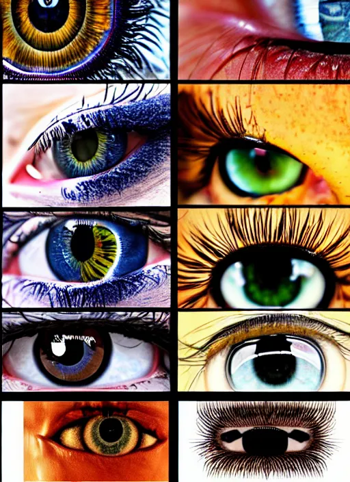 Image similar to grid montage of square shaped eyes, square shaped dilated pupils, square irises, detailed colored textures, eyelashes, advanced art, art styles mix, from wikipedia, wet reflections in eyes, sunshine light, hd macro photograph, from side, various eyelid positions, square black pupil centered