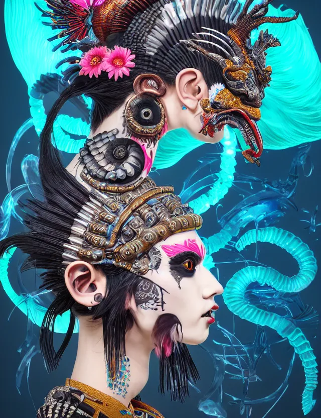 Image similar to 3 d goddess close - up profile portrait punk with mohawk with ram skull. beautiful intricately detailed japanese crow kitsune mask and clasical japanese kimono. betta fish, jellyfish phoenix, bio luminescent, plasma, ice, water, wind, creature, artwork by tooth wu and wlop and beeple and greg rutkowski