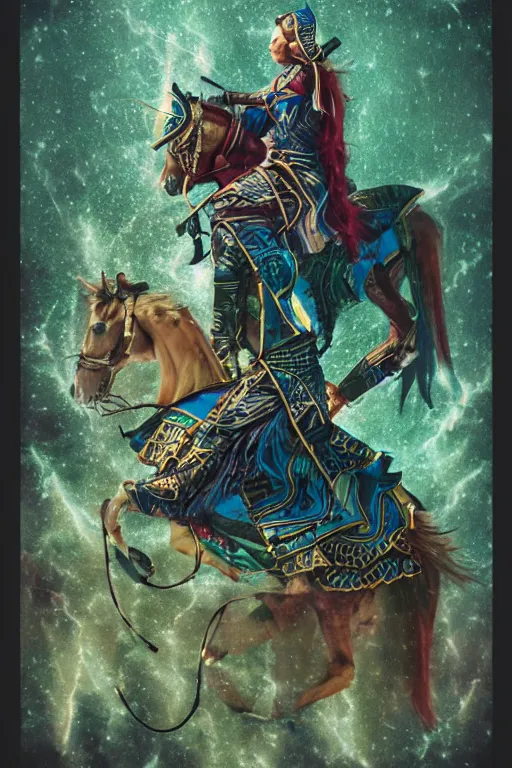 Image similar to self - transforming machine elf riding horse and holding chalice in the style of nordic noir television, dmt fractal tiling across the background, double exposure film, kodak portra film burn, knight of cups, vintage etteilla tarot