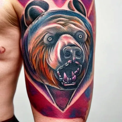 Prompt: tattoo style of a man with a bear's head, color restoration, watercolor, high quality ink, reds and purples, browns and earth colors