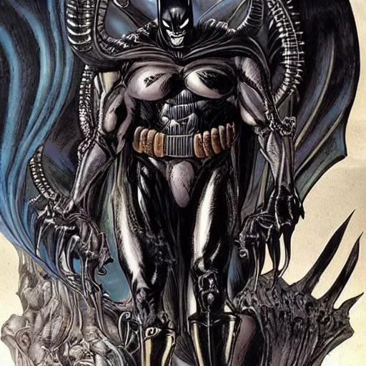 Image similar to An Amazing Comic Book cover of The Intimidating Xenomorph Batman by H.R. Giger and Gerald Brom | Intricate and complex | Dark Gothic Aesthetic