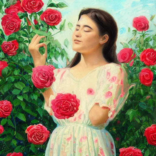 Prompt: a beautiful and intricate painting of a young woman standing in a garden, surrounded by roses. the woman has a gentle, kind expression on her face, and the overall effect is one of serenity and peace.