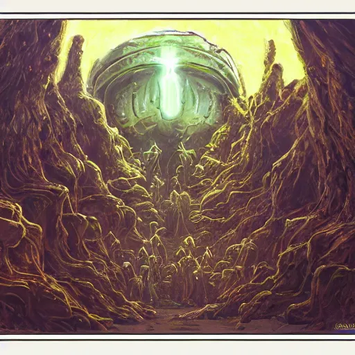Prompt: robed extraterrestrial cultists inside massive alien temple full of hatching oozing alien eggs, mike mignogna, highly detailed, oil painting, comic book cover, dark, dark vintage sci fi, rich colors, vintage sci fi, 1 9 8 0 s, 1 9 7 0 s, retrofuture, trending on artstation