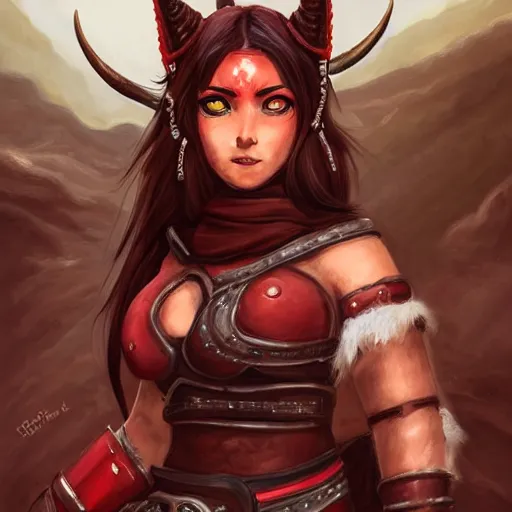 Prompt: portrait of a strong berber tiefling woman with red skin, devil horns and black hair in a ponytail wearing a steel chestplate in a desert, half body, single subject, ambient lighting, highly detailed, digital painting, trending on pixiv fanbox, studio ghibli, extremely high quality artwork, art by ross tran and artgerm and makoto shinkai