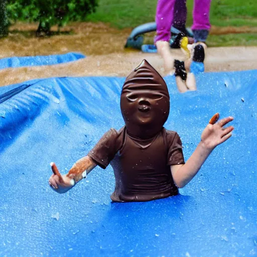 Image similar to kid going down chocolate pudding slip n slide head first, photo taken at the park