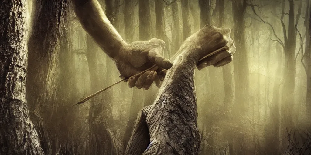 Prompt: a hand of a forest giant holding a tree trunk like a pencil, closeup, dirty nails, bridge to terabithia, fantasy, fog, digital art, studio lighting, deep colors