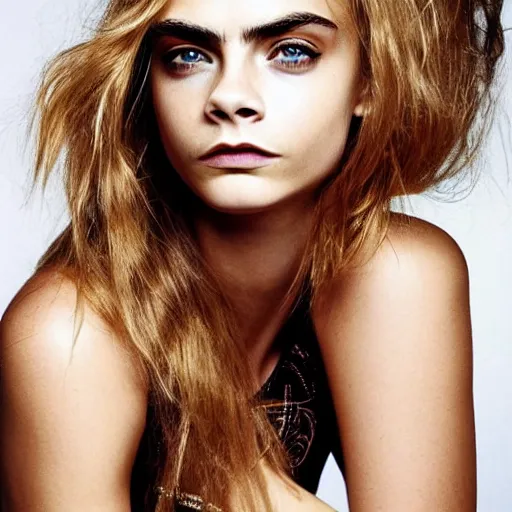 Image similar to photo of a gorgeous 20-year-old Cara Delevingne with 1990s hairstyle by Mario Testino, detailed, head shot, award winning, Sony a7R -