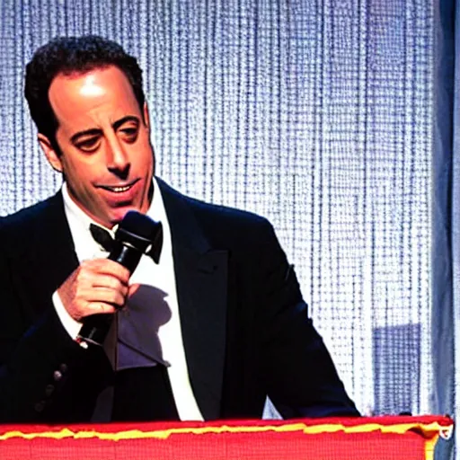 Prompt: jerry seinfeld on stage delivering a comedy set to lucifer