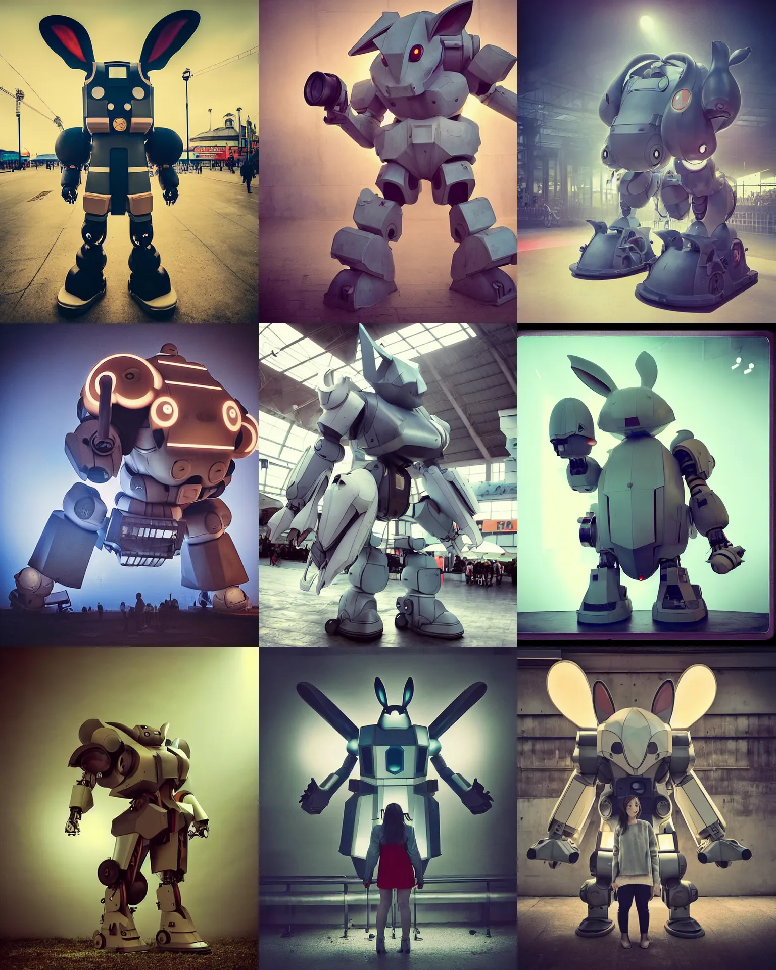 Prompt: dynamic pose !!!giant oversized battle rabbit robot chubby mech with big ears , in lunapark!!! , full body , Cinematic focus, Polaroid photo, vintage , neutral dull colors, soft lights, foggy , night backlight, by oleg oprisco , by victor enrich , by gregory crewdson , by discovery channel , by most wanted