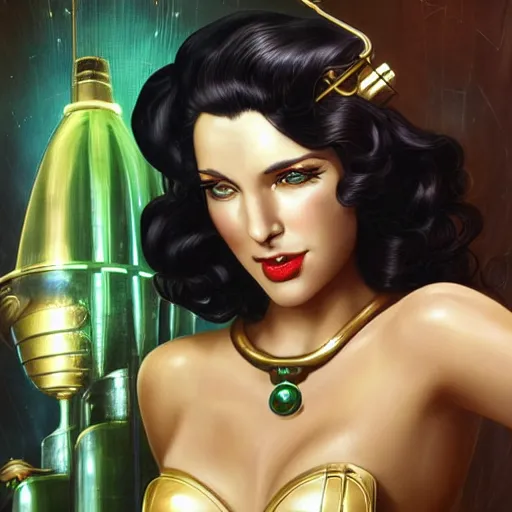 Prompt: beautiful woman with long wavy curly black hair and green eyes, wearing a cocktail dress, furiously angry. she is in the bar of the atlantis paradise, a retro futuristic spaceship made of brass bronze gold, art deco influence, hotel style design. bioshock, starship titanic. clean, well composed painting by artgerm and greg rutkowski.