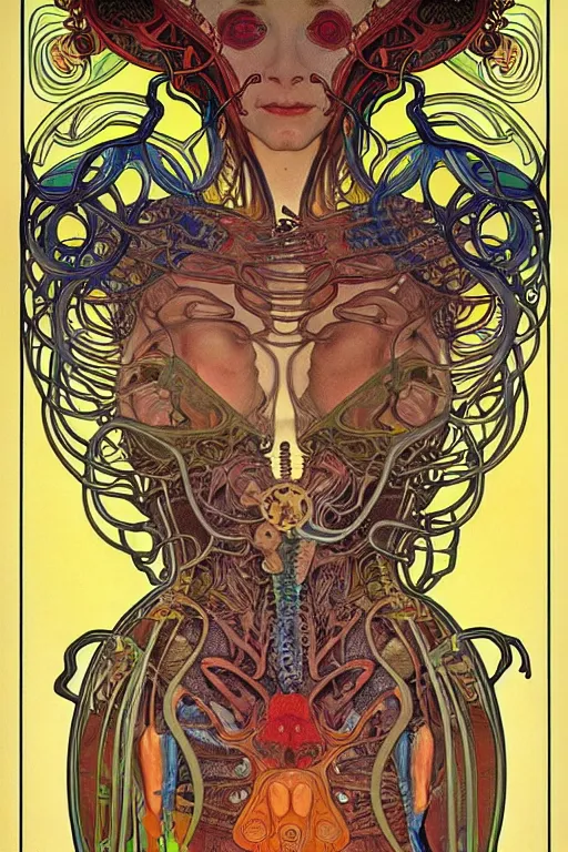 Image similar to extremely psychedelic anatomically accurate diagram of alien animal, intricate parts, fine details, hyper realistic, by seichen, alphonse mucha, surreal