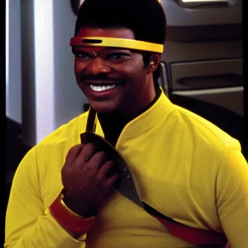 Image similar to Geordi LaForge wearing visor and a colander and random kitchen tools on his head