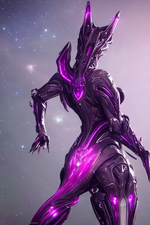 Image similar to galactic hyperdetailed elegant beautiful stunning giantess saryn prime warframe goddess rear shot, sharp spines, sharp metal ears, smooth purple eyes, smooth fuschia skin, silver armor, bigger than galaxy, epic proportions, epic scale, epic size, warframe fanart, destiny, furry, dragon art, goddess art, giantess art, furaffinity, octane render
