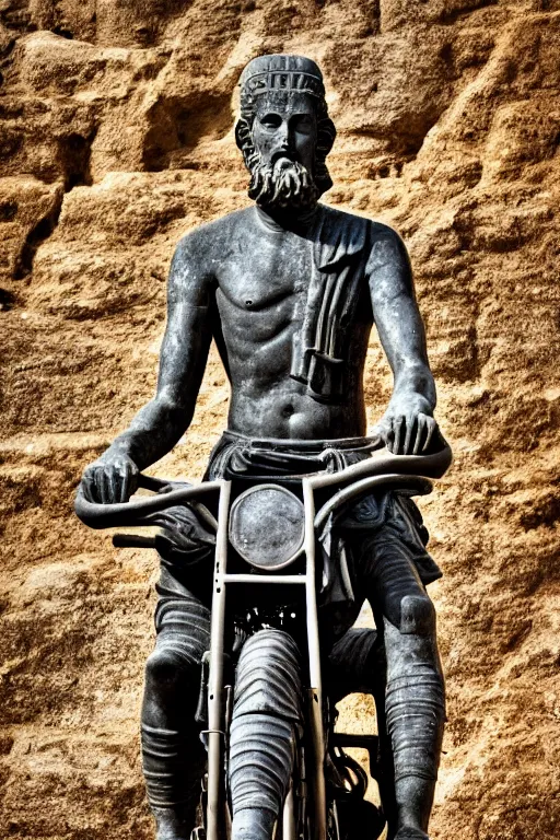 Image similar to photo of the ancient statue of biker on the ancient bike, symmetrical, cinematic, real dlsr photography, sharp focus, 4 k, ultra hd, sense of awe, archeology journal cover