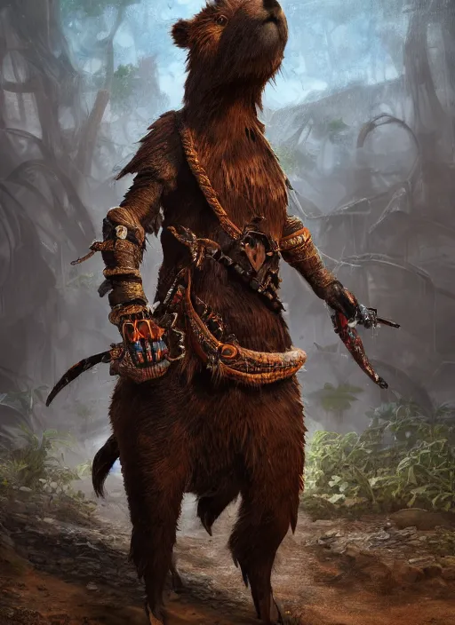 Prompt: detailed full body concept art illustration dark oil painting of an anthropomorphic capybara cowboy in full intricate clothing, biomutant, ultra detailed, digital art, octane render, 4K