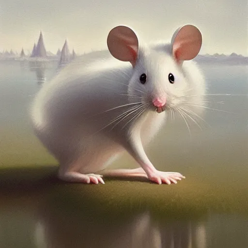 Image similar to animated white mouse with big ears portrait, dramatic light, lake background, 2 0 0 mm focal length, painted by stanley lau, painted by greg rutkowski, painted by stanley artgerm, digital art, trending on artstation