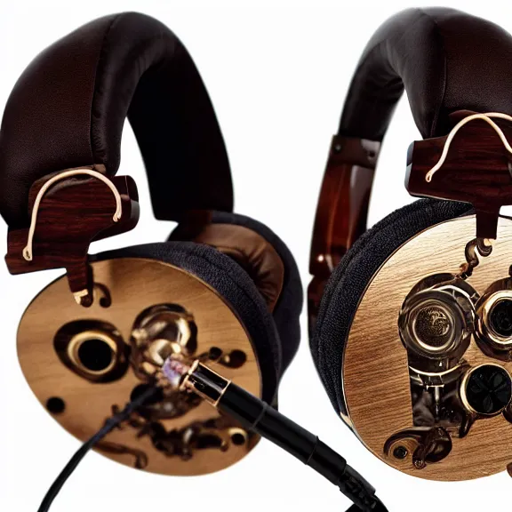 Image similar to masterpiece photo of beautiful hand crafted artistic detailed transparent headphones, bismuth metal, electronics see through, plush leather pads, displayed on mahogany desk, modernist headphones, bismuth beautiful well designed, hyperrealistic, audiophile, intricate hyper detail, extreme high quality, photographic, audeze, sennheiser, raal, bang olufsen, abyssal