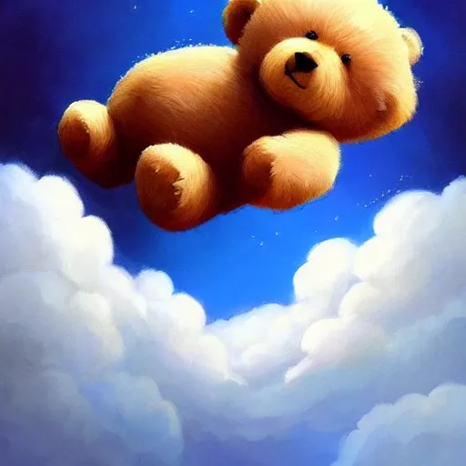 Image similar to a storybook of a teddy bear sleeping in the clouds, a storybook illustration by RHADS and Pu Hua, candy and rainbows, trending on cgsociety, pop surrealism, official art, detailed painting, artstation hd