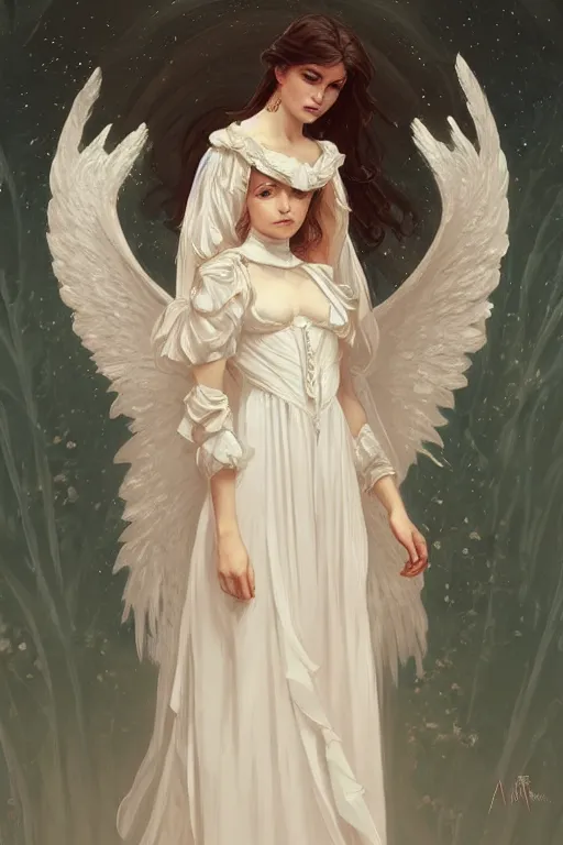 Image similar to angel dressed in a victorian roses white dress fashion, D&D, fantasy, intricate, elegant, highly detailed, digital painting, artstation, concept art, matte, sharp focus, illustration, art by Artgerm and Greg Rutkowski and Alphonse Mucha