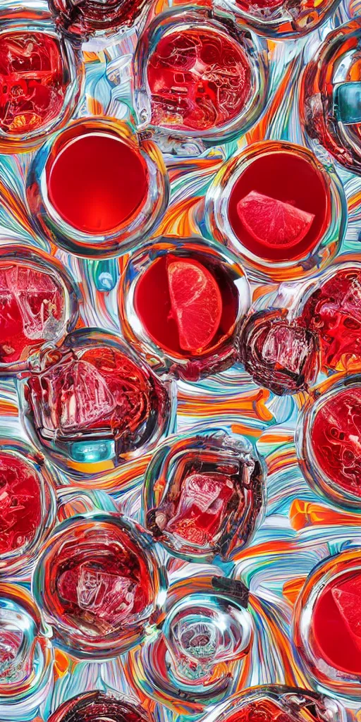 Image similar to a seamless repeating pattern of campari soda, colourful, symmetrical, repeating 35mm photography, in the style of toiletpaper magazine, surreal, high detail, photograph by Pierpaolo Ferrari