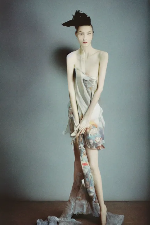 Image similar to realistic photoshoot for a new Jun Takahashi lookbook, color film photography, portrait of a beautiful model, in style of Tim Walker, 35mm, graflex