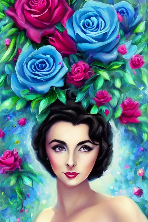 Prompt: beautiful digital painting elizabeth taylor and blue roses and rubies, by Georgia O\'Keeffe, Carmelo Blandino, Cyril Rolando, artstation, Behance, 4K,