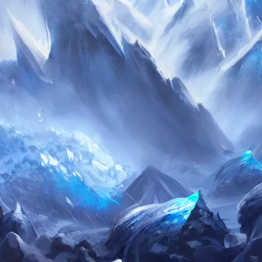 Image similar to blue glacier volcano eruption, blue glacier volcano eruption, blue liquid and snow, blue glacier volcano eruption, snow dust everywhere, snow army battlefield, ice cold blue theme, bright masterpiece artstation. 8 k, sharp high quality artwork in style of jose daniel cabrera pena and greg rutkowski, concept art by tooth wu, blizzard warcraft artwork, hearthstone card game artwork