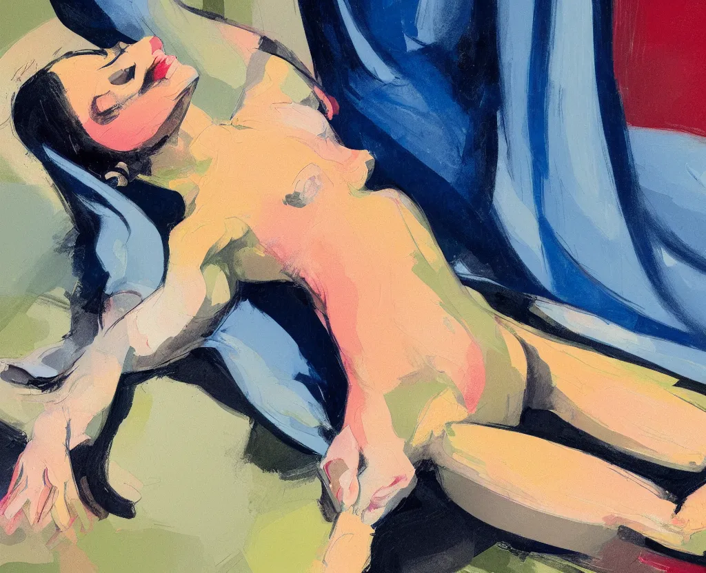 Image similar to a closeup view of painting of a woman laying on top of a table in a dark ambient, a light breeze is pushing away the curtains of a small window, a gouache by nathan oliveira and elaine de kooning, cgsociety, figurativism, dark surreal art, painterly, paint strokes, smudged paint, palette knife texture, digital illustration, artstation