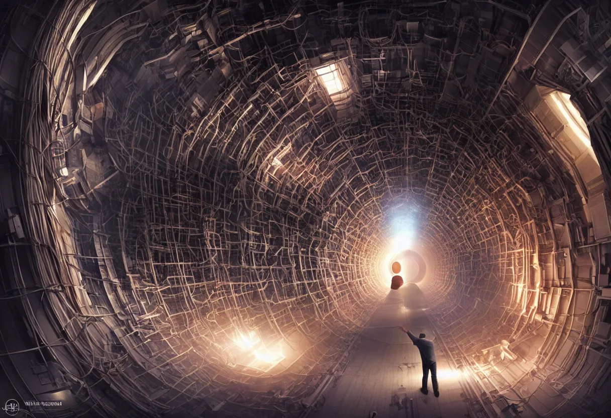 Image similar to man trapped inside cern large hadron collider, his body getting pulled apart by particle collision, ultra high definition, ultra detailed, symmetry, matte painting, by greg rutkowski and ross tran and wlop