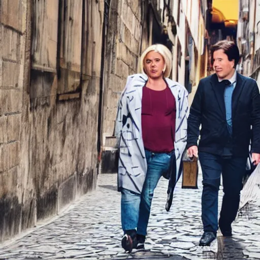 Prompt: a blonde woman & Michael mcintyre searching for food in Porto