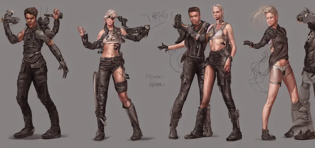 Image similar to character sheet concept art of male and female movie characters, renaissance, futurepunk, parkour, rebel, realistic, hyper realistic, photographic, costume, by marc brunet and artgerm