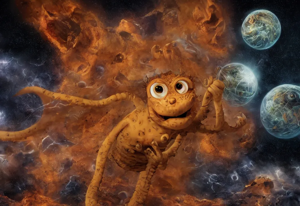 Prompt: eldritch horror bloody garfield in space, hd, 8 k, giant, epic, realistic photo, unreal engine, stars, prophecy, powerful, cinematic lighting, destroyed planet, debris, violent, sinister, ray tracing, dynamic, epic composition, dark, horrific, teeth, grotesque, monochrome drawing, hellscape, death, corpses, foreboding