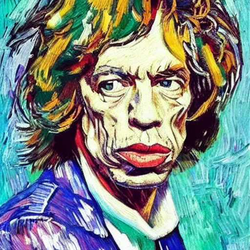 Image similar to an artistic portrait of mick jagger, attractive, rock star, high quality, studio photography, colorful, hero, heroic, beautiful, in the style of vincent van gogh